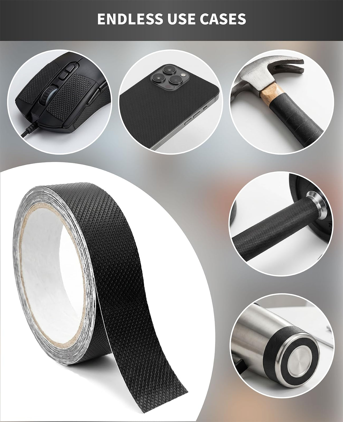 3-Pack Black Rubber Grip Tape for Handles (1" x 10 Ft), Industrial Diamond Textured Anti Slip Tape, Waterproof Non-Abrasive Material for Contact Surfaces