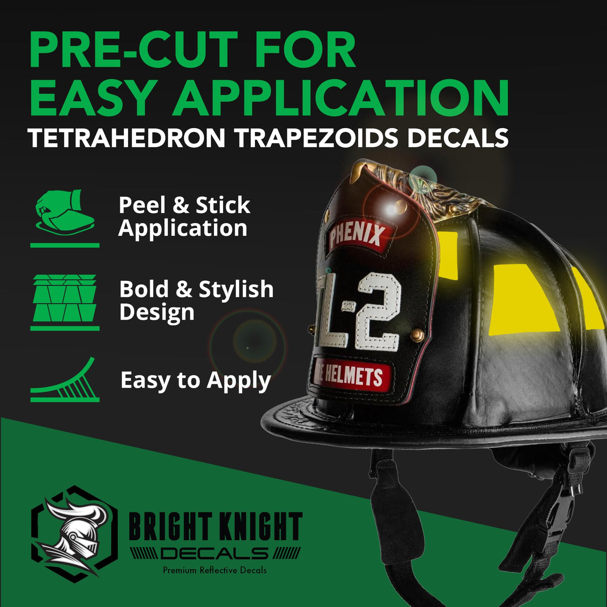 Bright Knight Decals Fire Helmet Tetrahedrons - Set of 16 Reflective Yellow Trapezoid Fire Helmet Stickers - 3M Vinyl with Acrylic Adhesive for Firefighters, Helmets, Laptops & Bumpers, Pack of 2