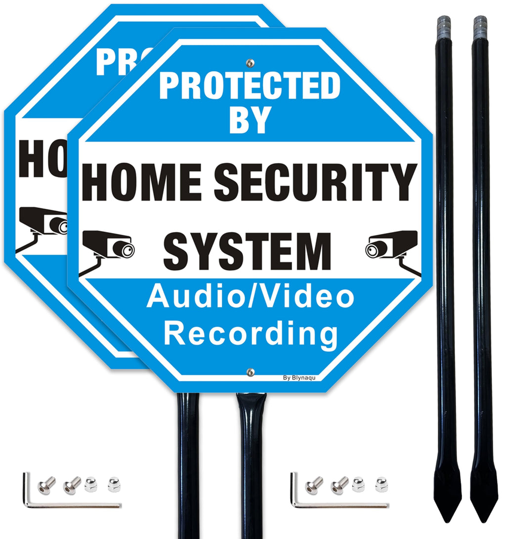 2 Pack Protected By Home Security System Signs for Yard, 12" x 12" Aluminum Sign with 36" Metal Stakes, Audio Video Recording Warning Sign, Reflective Aluminum 2Pack with Black Stake