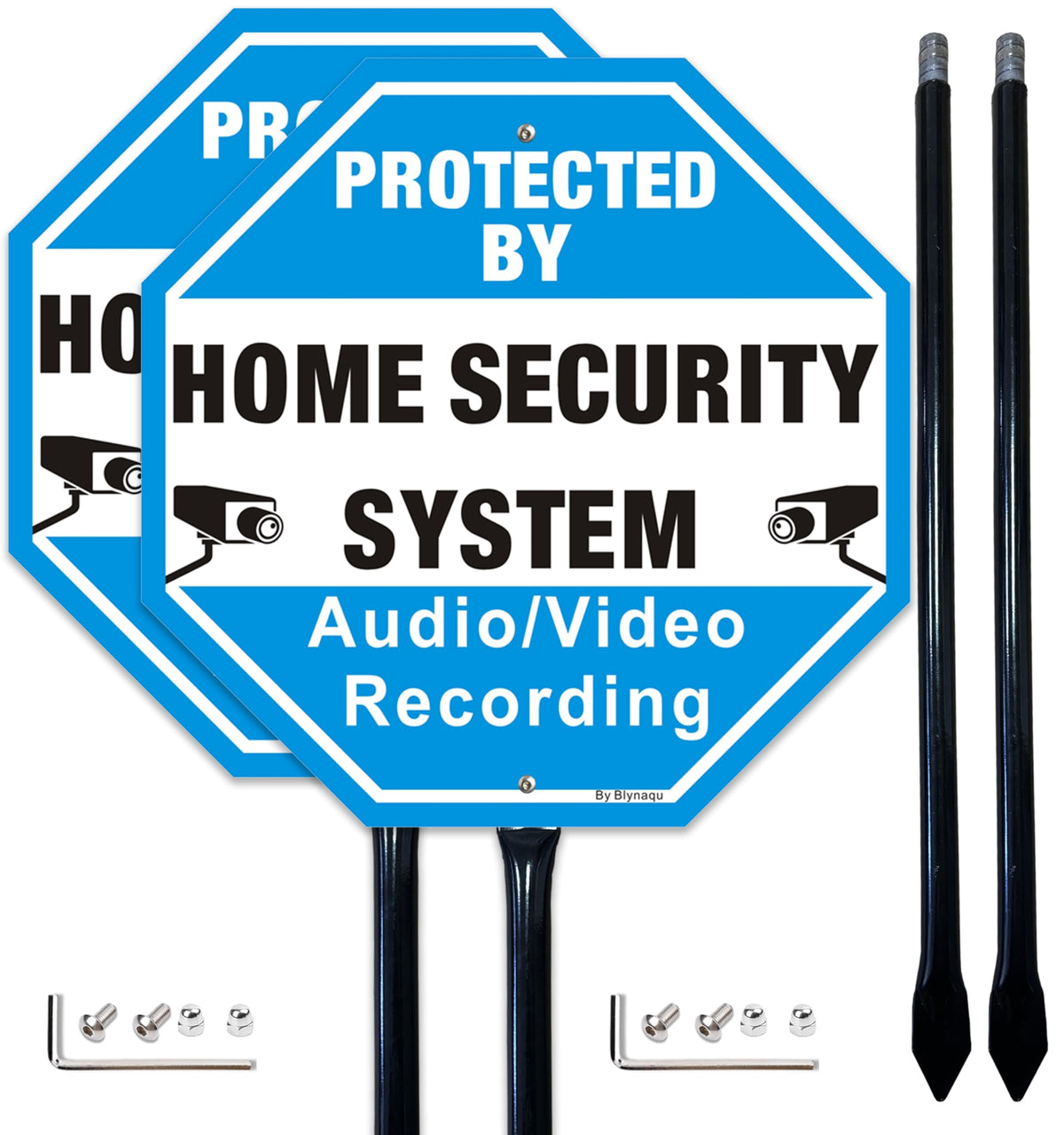2 Pack Protected By Home Security System Signs for Yard, 12" x 12" Aluminum Sign with 36" Metal Stakes, Audio Video Recording Warning Sign, Reflective Aluminum 2Pack with Black Stake