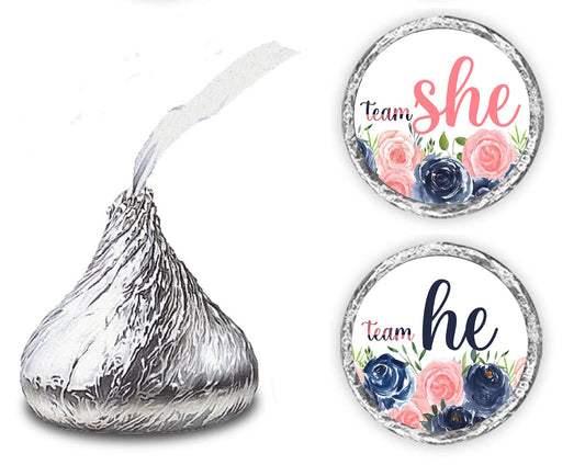 216 Team He Team She Kisses Labels, Navy and Blush Theme Stickers for Gender Reveal Party Event Decorations, Boy or Girl Wrappers, Favors Great for Tags, Games and Supplies (Pink, Blue) Made in USA