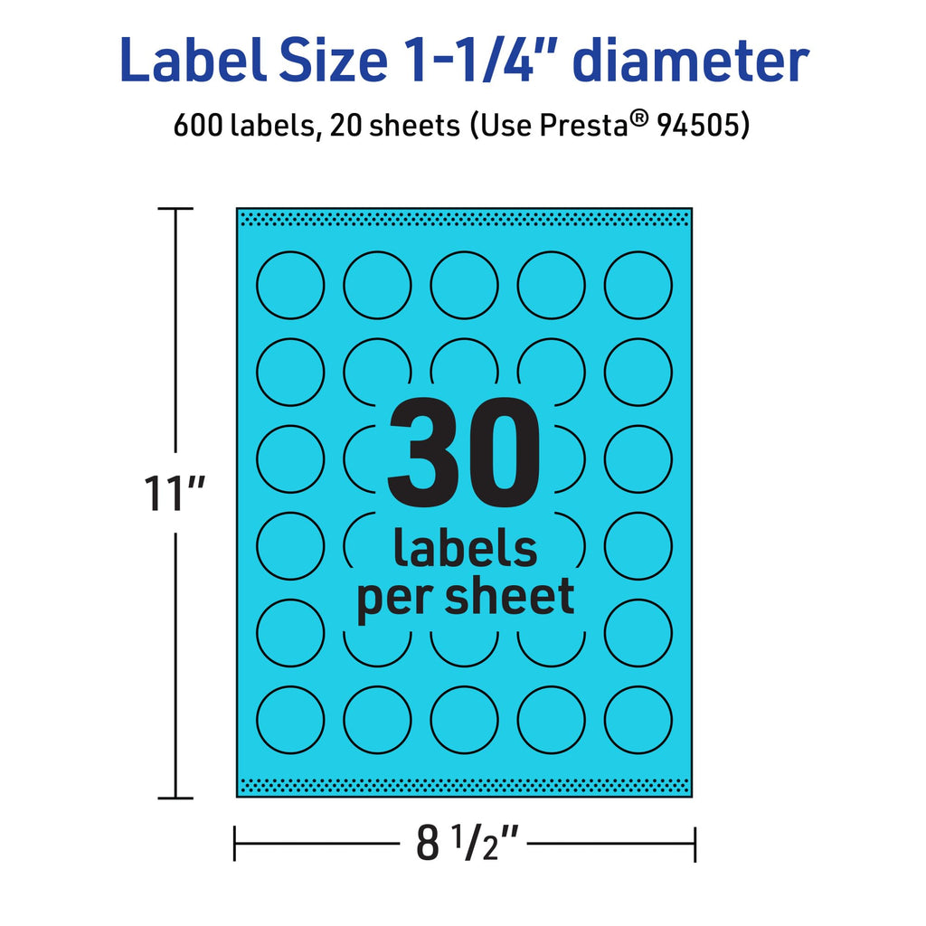 Avery® Printable Round Labels, Sure Feed® Technology, 1-1/4" Diameter, Bright Blue Labels, Print-to-the-Edge, Laser/Inkjet, 600 Total, Great for Price Stickers and Mailing Seals 600 labels