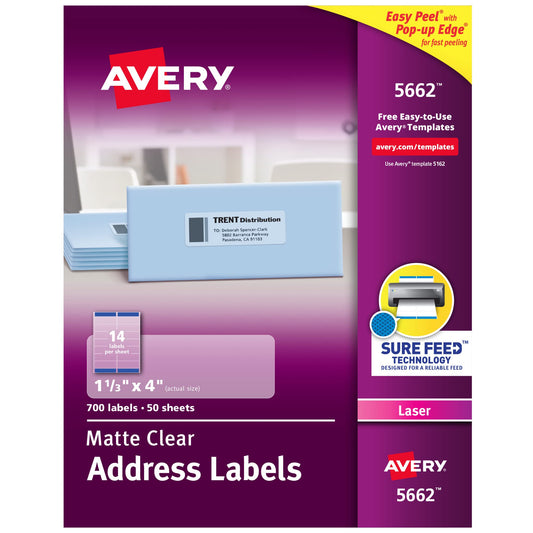 Avery Printable Address Labels with Sure Feed, 1-1/3" x 4", Matte Clear, 700 Blank Mailing Labels (05662) 1 1/3" x 4"