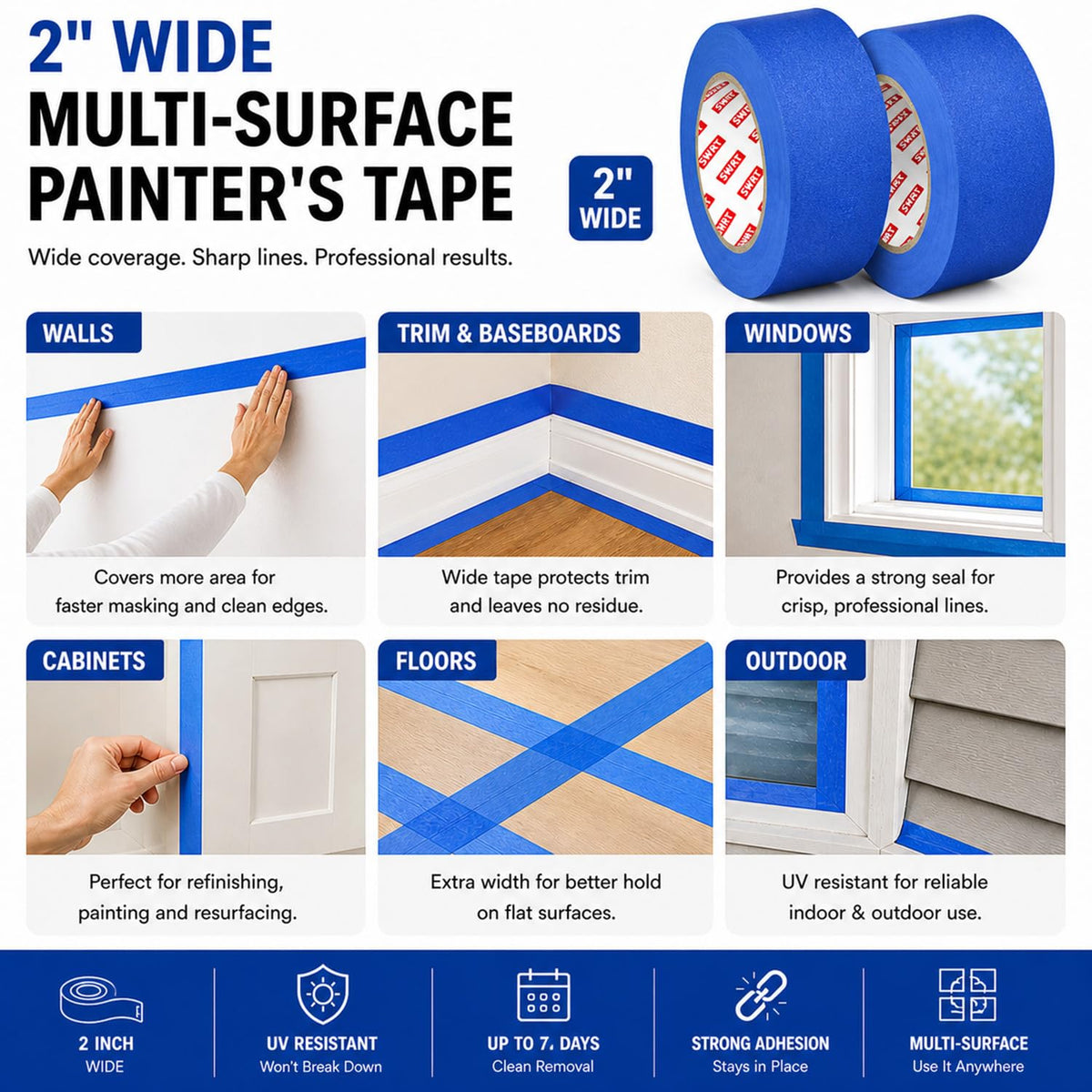 SWRT Blue Painters Tape 2 Inch Wide – 24 Rolls x 55 Yards (1320 Total Yards), Clean Removal Masking Tape for Sharp Paint Lines on Walls, Trim & Baseboards, Easy Tear for DIY & Home Renovation Projects