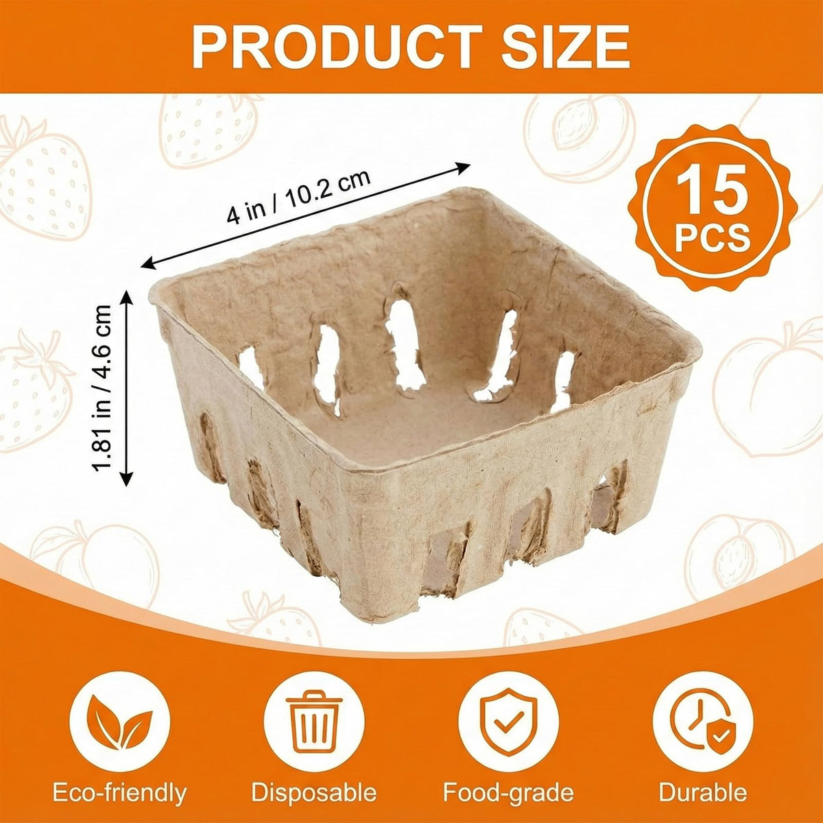 15 Pack Natural Pulp Fiber Berry Basket, Small Vented Produce Baskets