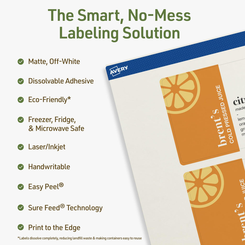 Avery Dissolvable Rectangle Labels, Sure Feed Technology, 3" x 5", Matte White, Print-to-The-Edge, Laser/Inkjet Printable, 75 Labels Total