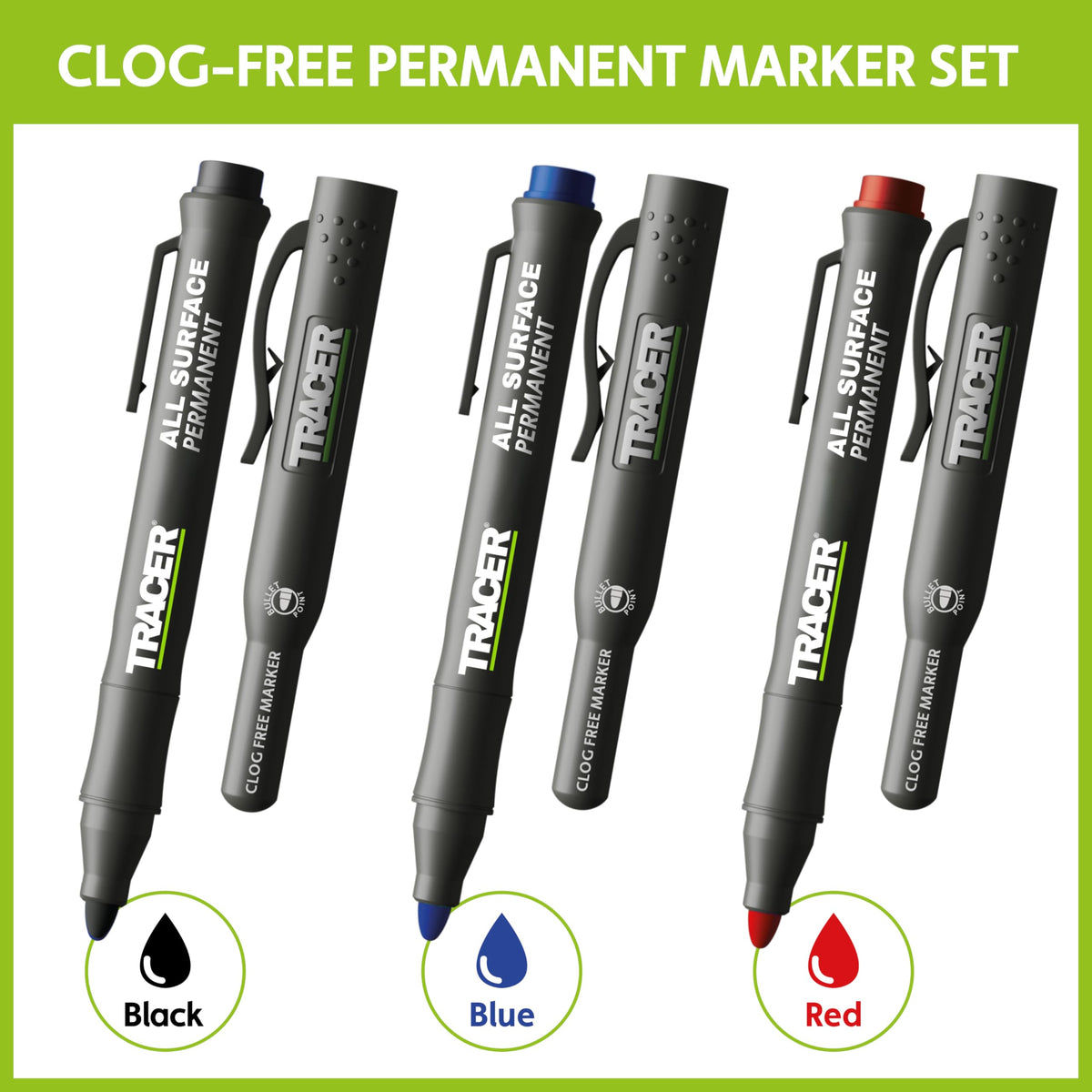 Tracer Clog Free Bullet Tip Permanent Markers Kit with Holsters - 3 Pack