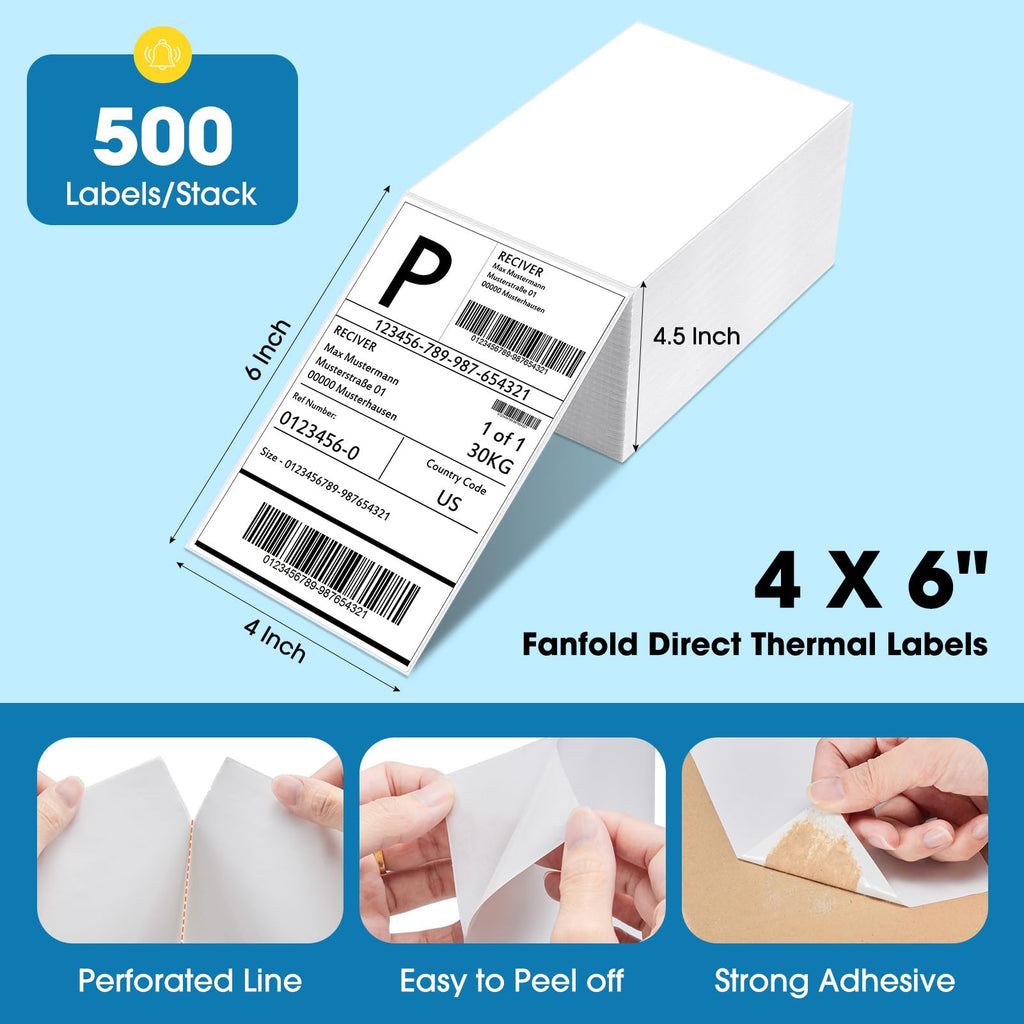 Fuxury Thermal Labels 4x6 500 Labels Fanfold Direct Shipping Label 4x6"-500 Labels
