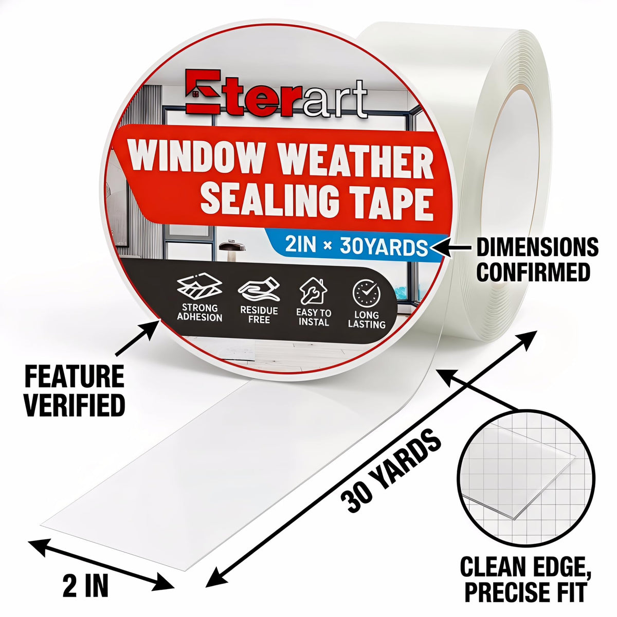 ETERART Transparent Weatherproof Seal Tape 2" x30Yds - Heavy Duty Waterproof Adhesive for Winter Drafts & Rain Leaks, No-Residue Weather Stripping for RVs, Windows, Doors & Renters 2" x 30 Yards