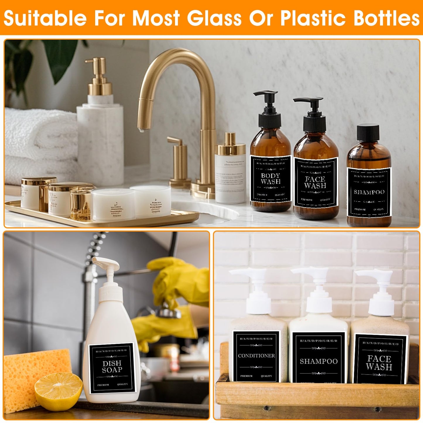 Waterproof Labels for Bottles, 30Pcs Removable Bathroom Organization Stickers for Hand/Dish Soap Shampoo Conditioner Body/Face Wash, Toiletry Labels for Plastic/Glass Bottles