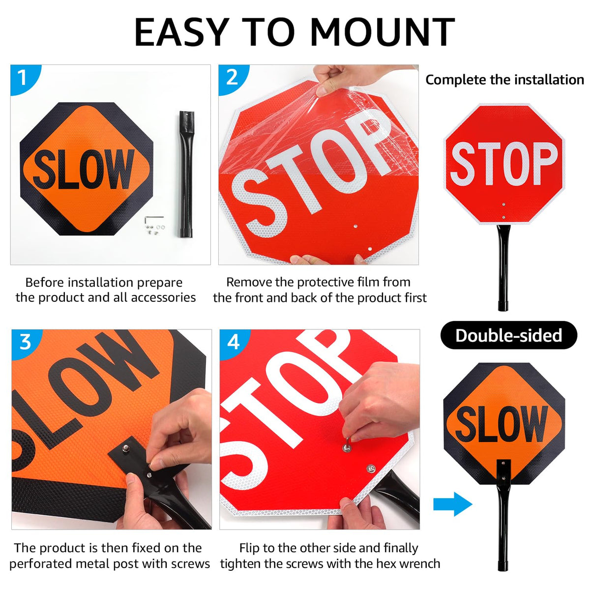 GicnKeuz 2 Pack Stop Slow Sign with Metal Handle, 13x13 inches Double Sided Slow/Stop sign, Traffic Reflective Aluminum Sign, Fade Resistant/Waterproof, Easy to Mount (Red & Orange) 13" x 13" - 2 packs of Stop Sign with handle