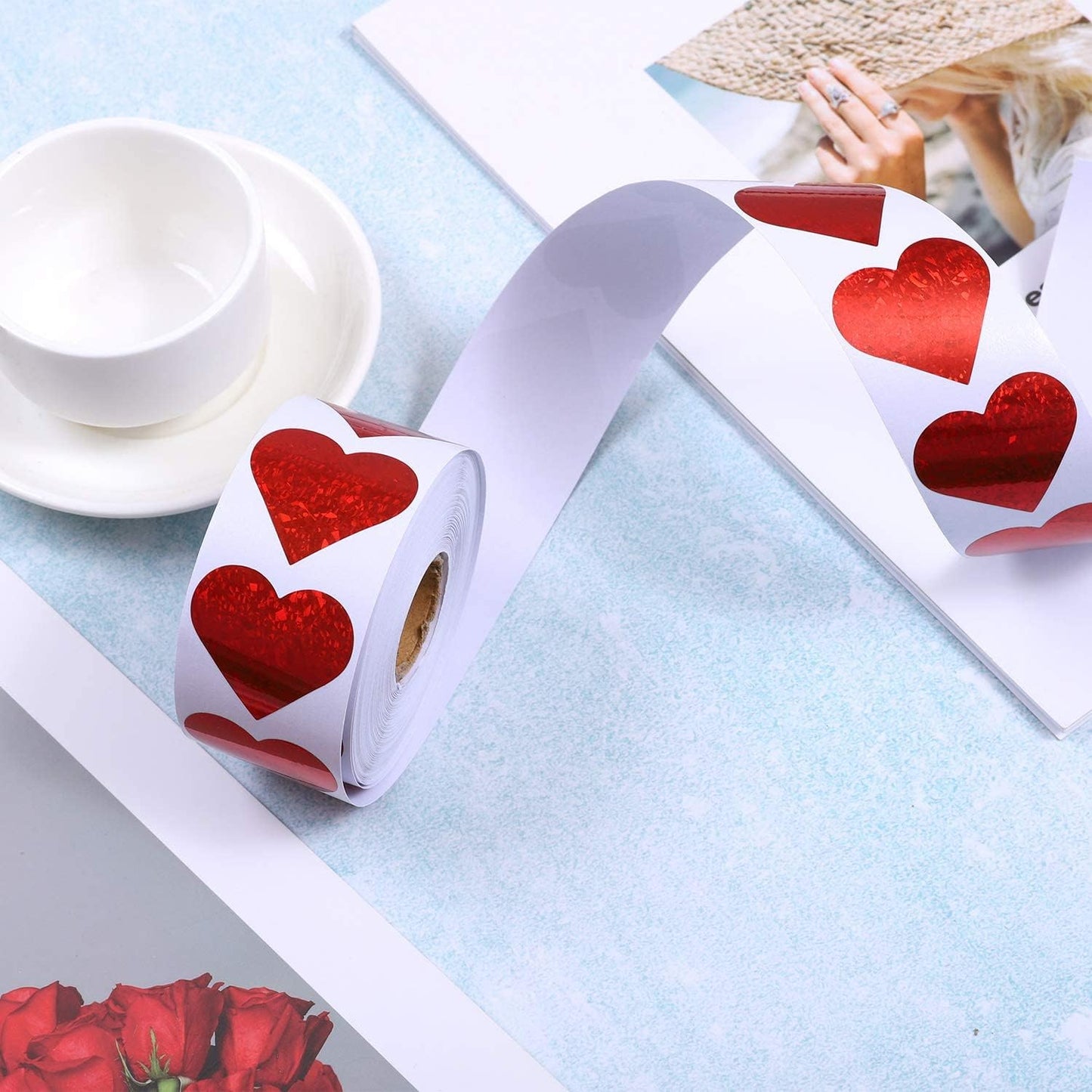Dzrige 500pcs/roll Heart Shape Labels Love Heart Stickers Glitter Red Love Scrapbooking Adhesive Stickers for Valentine's Day Wedding Anniversary Stationery Candy Dragee Bag Gift Box Packing Bag