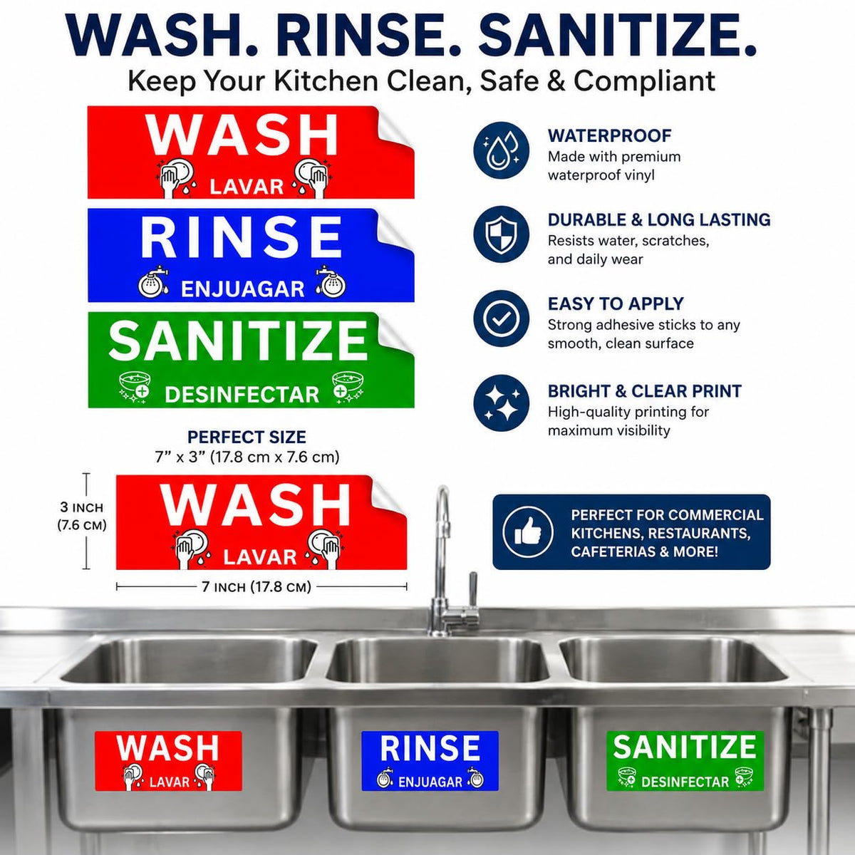 Wash Rinse Sanitize Sink Labels, Commercial Stickers for Triple Sink, Set of 3 Stickers, 7x3 Inches, 1 Set