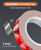 Heavy Duty Permanent Bond Double Sided Tape, Heat Resistant 2-Rolls 5/8" / 15mm Width