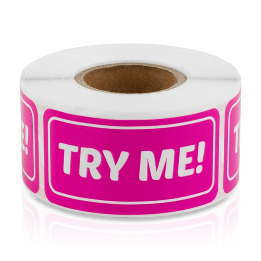 Try Me Stickers (2 x 1 inch, Bright Fluorescent Pink - 300 Labels) Try Me Stickers for Retail, Restaurant, Exhibition & Show, Manufacturing, Production - Strong Adhesive 1 Roll