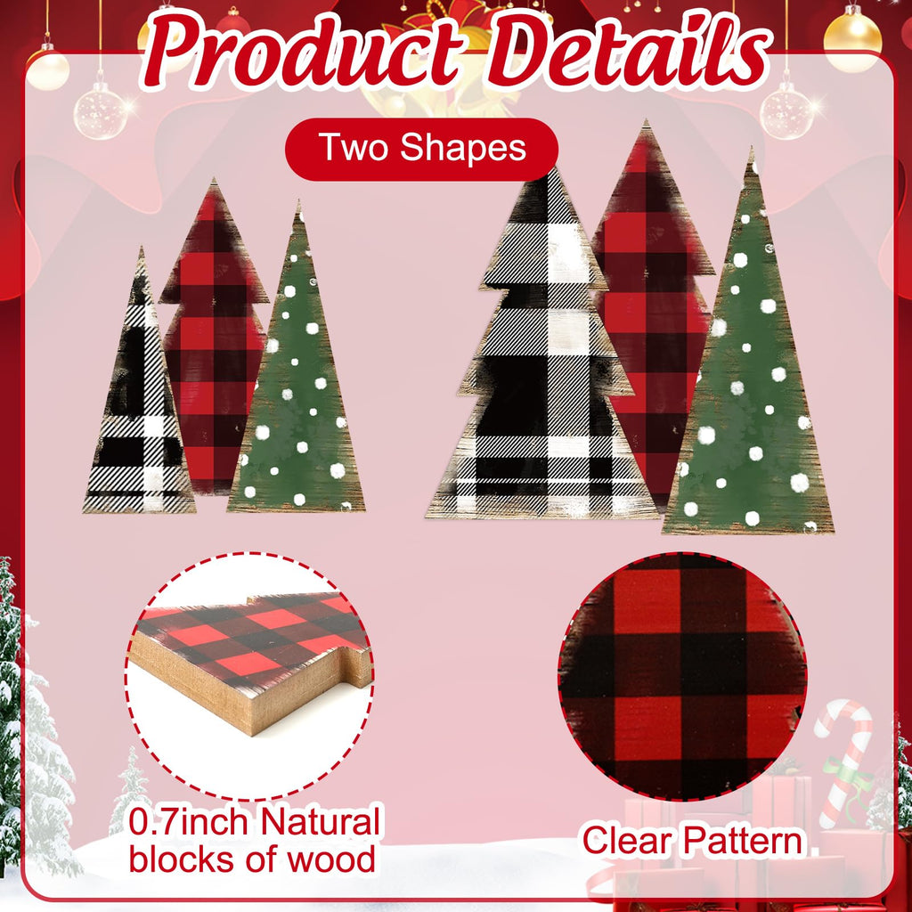 Whaline 6 Pcs Christmas Tree Wooden Signs Table Decor Buffalo Plaid Dots Xmas Wood Tabletop Signs Red Black Green Desktop Centerpieces for Holiday Home Tiered Tray Fireplace Party Decor