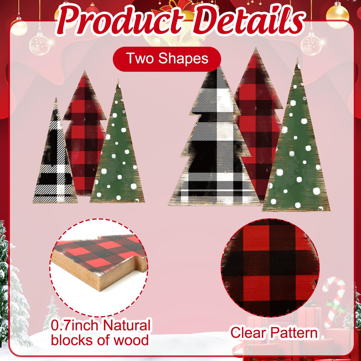 Whaline 6 Pcs Christmas Tree Wooden Signs Table Decor Buffalo Plaid Dots Xmas Wood Tabletop Signs Red Black Green Desktop Centerpieces for Holiday Home Tiered Tray Fireplace Party Decor