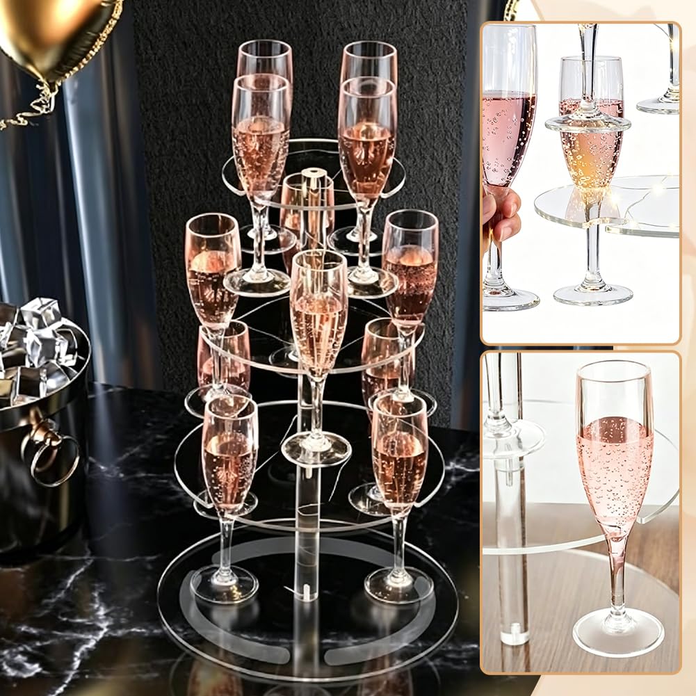 WADORN 3-Tier Clear Acrylic Champagne Tower, Champagne Display Rack Stand with 12 Slots Round Cocktail Stemware Tree Stand Holders for Wedding Celebration Bar Party Cocktails Margarita Cups Display