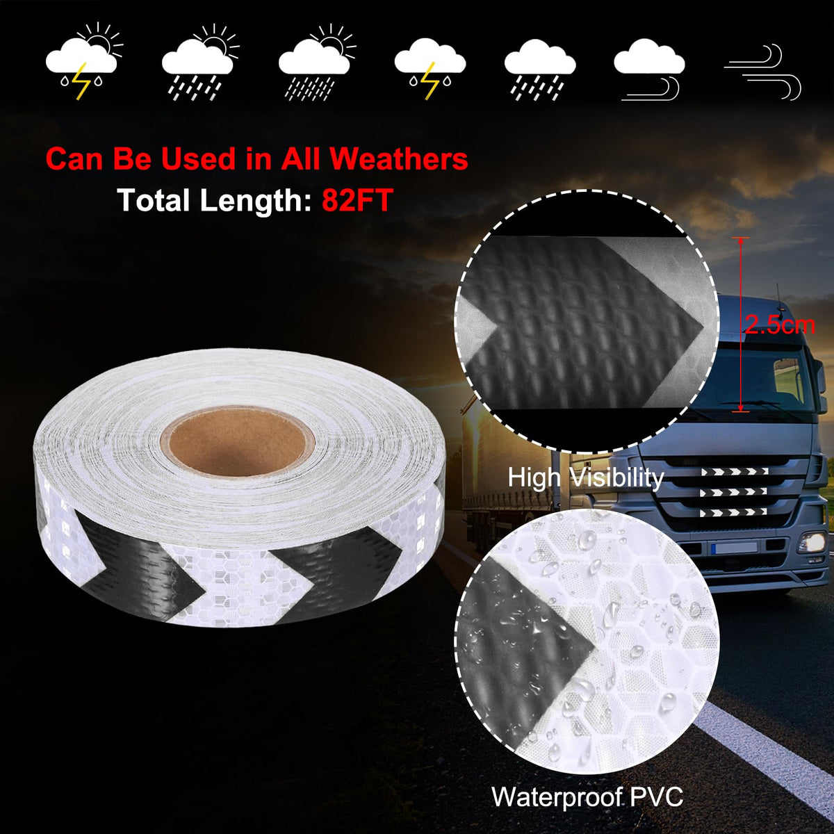 MECCANIXITY Reflective Tape, 1 Inch x 82 ft Self-Adhesive Trailer Reflector Tape Waterproof Warning Safety Sticker Night Reflectors Arrow Tape for Bikes, Black-White 1 Inch x 82 Feet