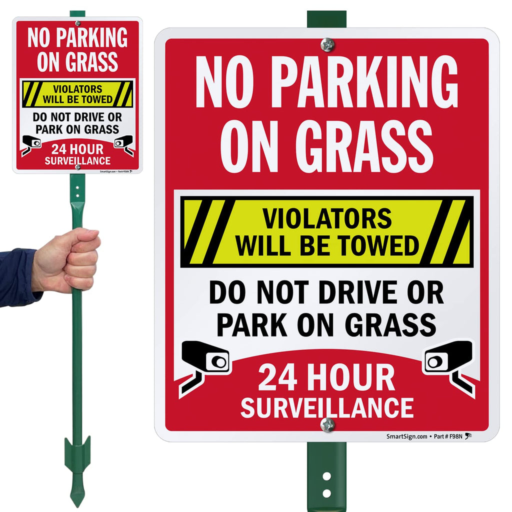SmartSign 12" x 10" 'No Parking On Grass Violators Towed, Do Not Drive On Grass' Yard Sign with 3 ft Stake, 40 mil Aluminum 3M Laminated Engineer Grade Reflective, Multicolor Reflective Aluminum Sign with 3' Stake