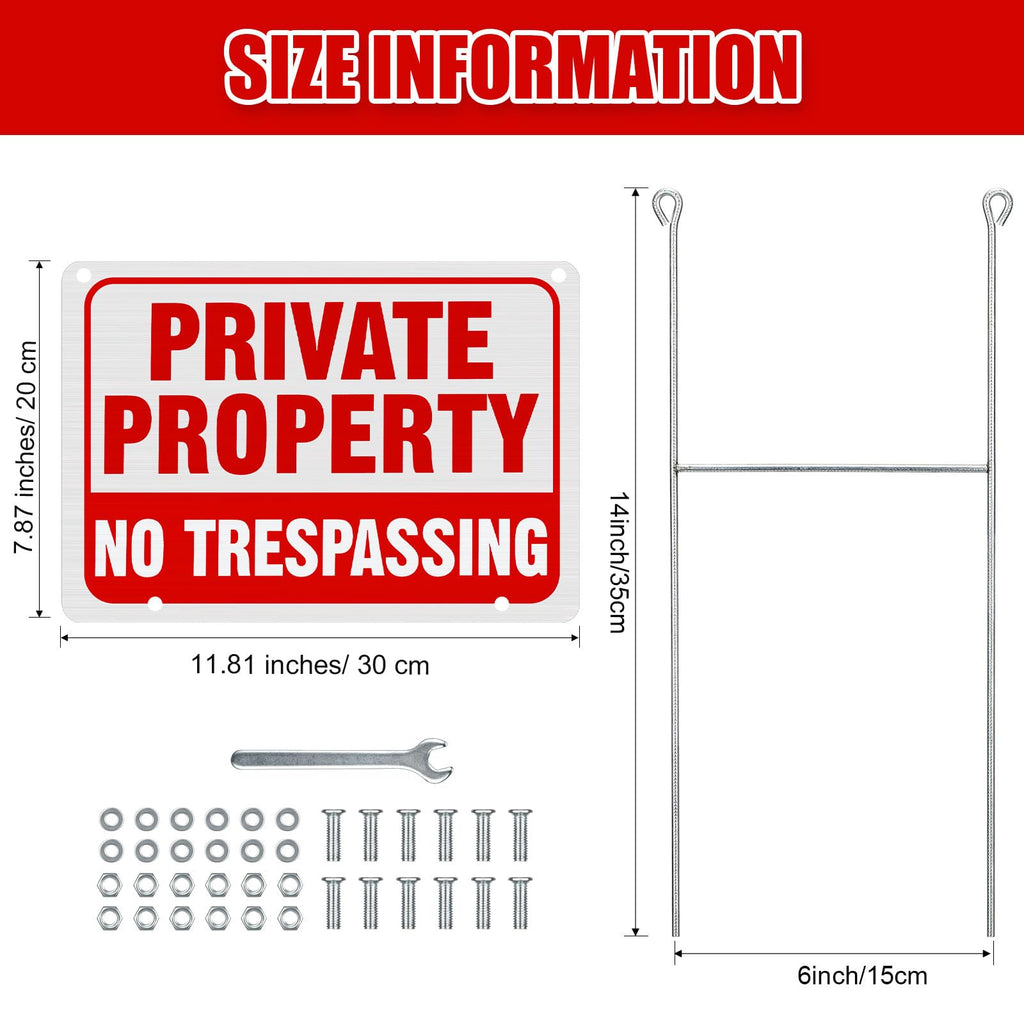 Zonon 6 Pack Metal No Trespassing Sign 12 x 8 Inch Private Property Word with H Stake Reflective Aluminum Security Weatherproof Outdoor Metal Outdoor Keep out Sign, Easy to Mount(Red) Red