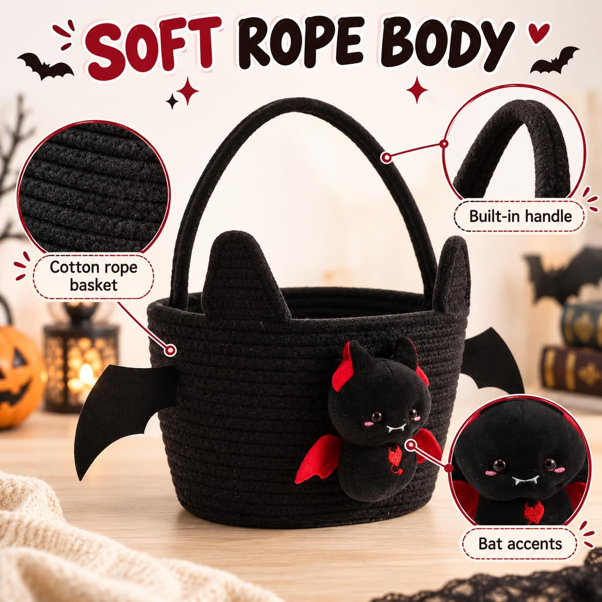 Operitacx Halloween Bat Candy Basket, Trick or Treat Bucket with Handle