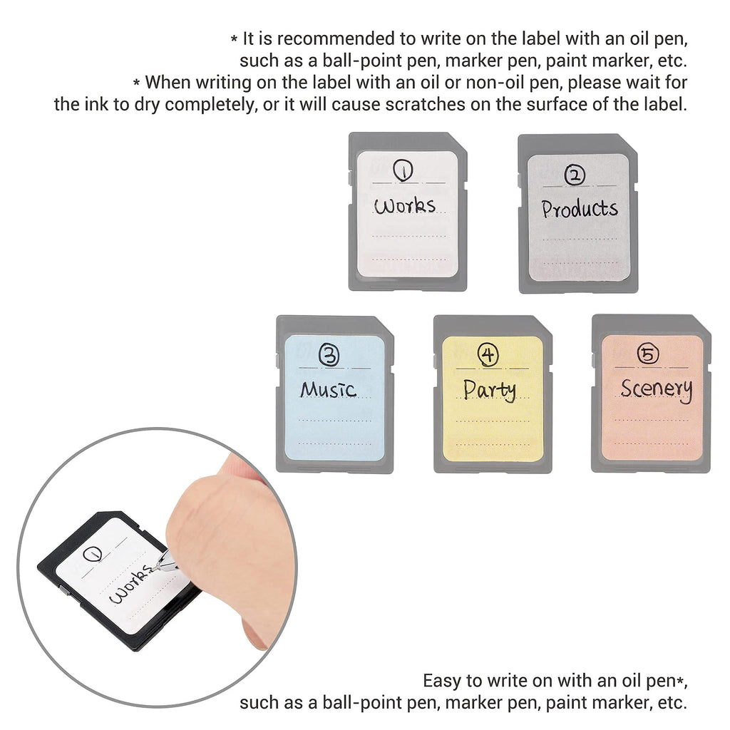 Kiorafoto 120-count multi-use printable labels on a sheet, designed for SD, SDHC, SDXC, XQD, CF, CFexpress, and USB flash drives.