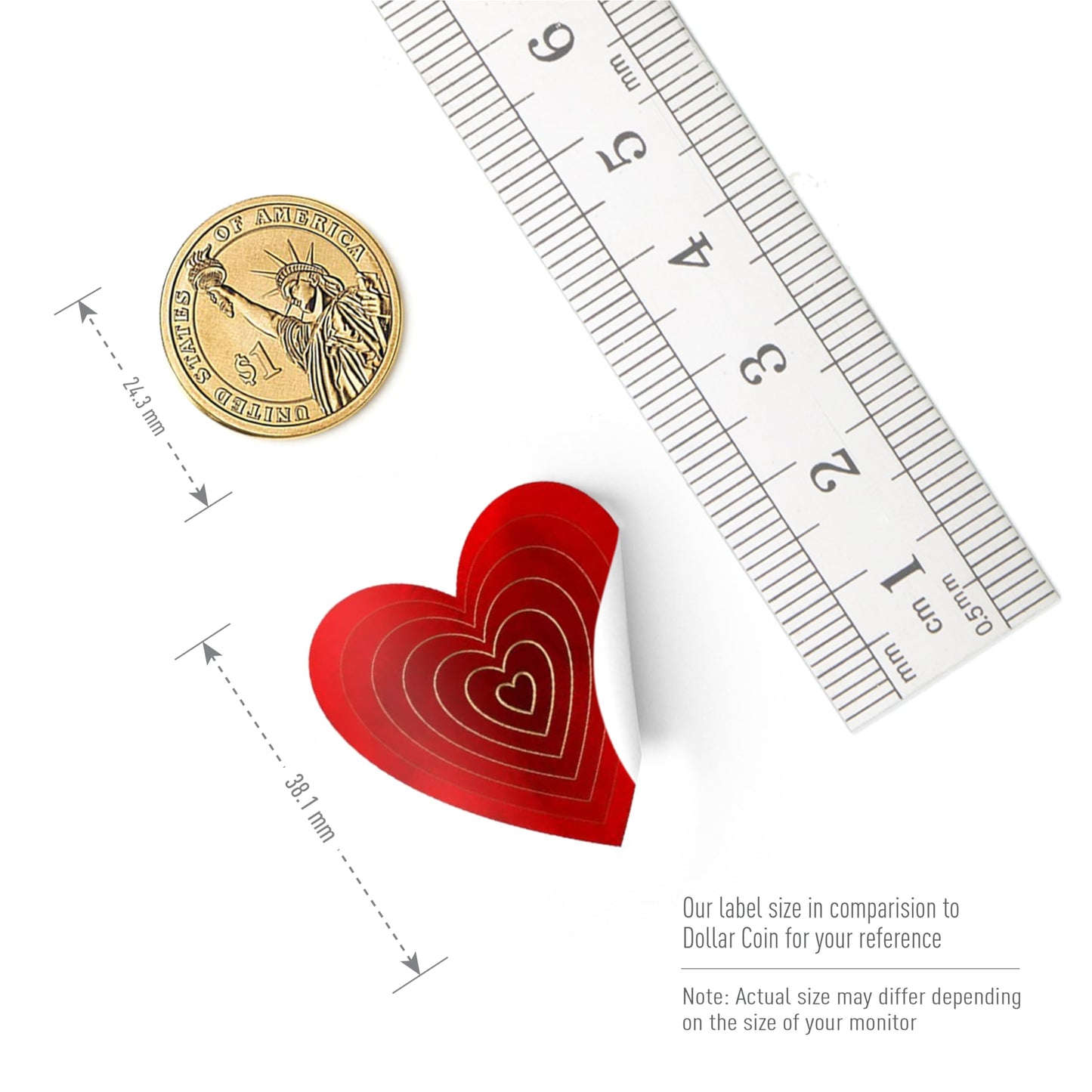 easykart labels 500 Red Heart Shape Stickers with Gold Foiling, 1.5", 3 Different Designs in one roll, Suitable for Love Theme Party Decorations, Annieversary,Birthday's 500 Stickers