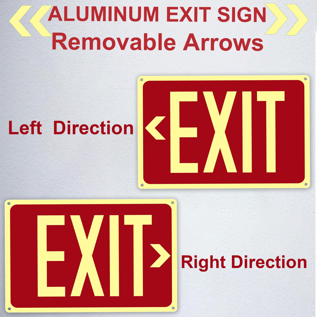 4Pack Photoluminescent Exit Sign Aluminum - 14x10 Inches Glow In Dark Exit Sign with Adhesive Backing - Removable Arrows Included - Non Electrical Red Exit Light For 50 Feet Visibility 14"X10"-4PACK