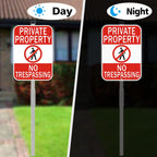 2 Pack Private Property No Trespassing Sign with 36" Metal Stakes, 14" x 10", Reflective Aluminum Sign, Weather Resistant, Waterproof, Easy to Mount 2 Pack-with aluminum Stake