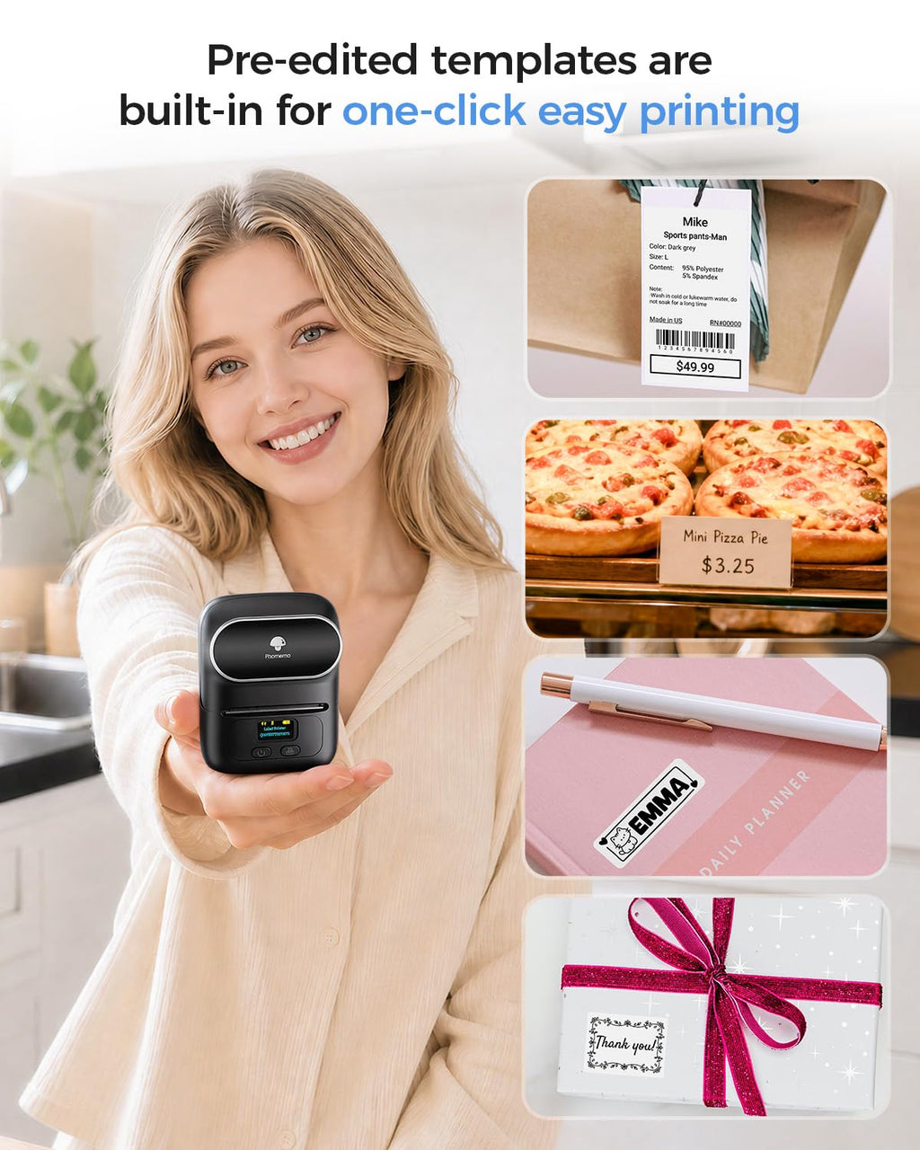 Phomemo M110 Label Makers, Portable Bluetooth Thermal Printer with Display Black 1 Printer + 1 Roll Label