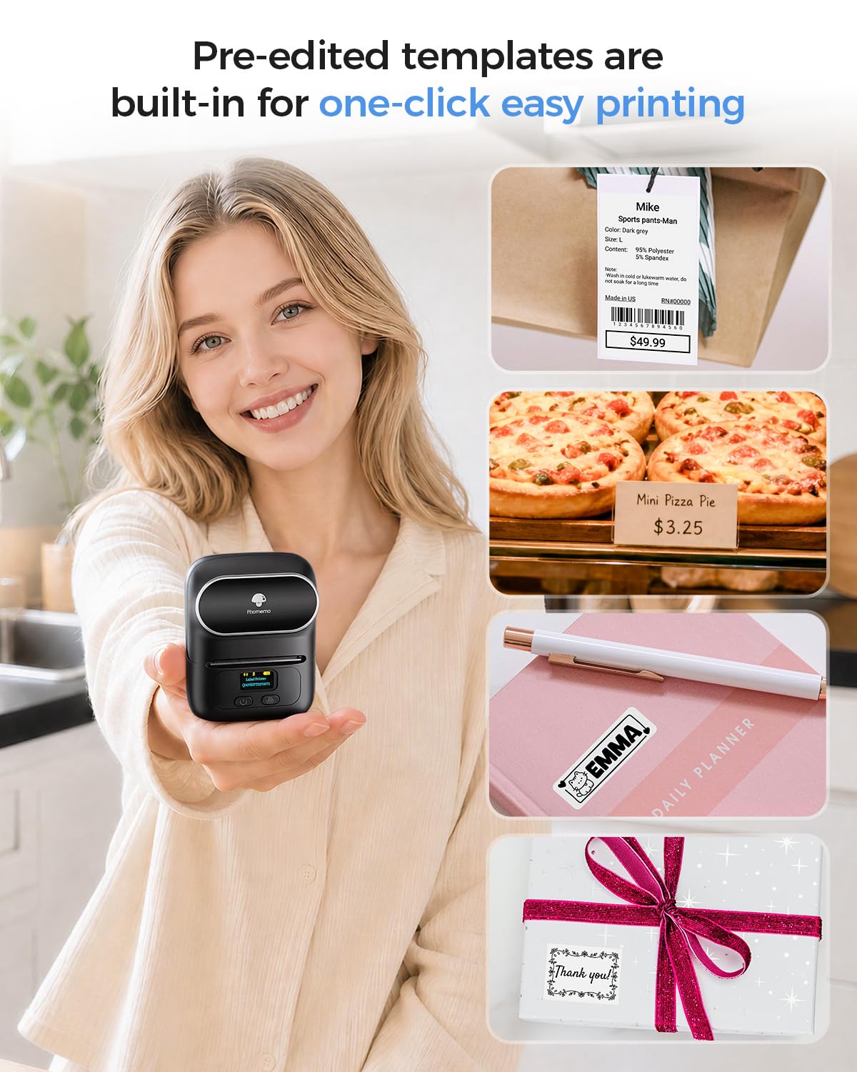 Phomemo M110 Label Makers, Portable Bluetooth Thermal Printer with Display Black 1 Printer + 1 Roll Label