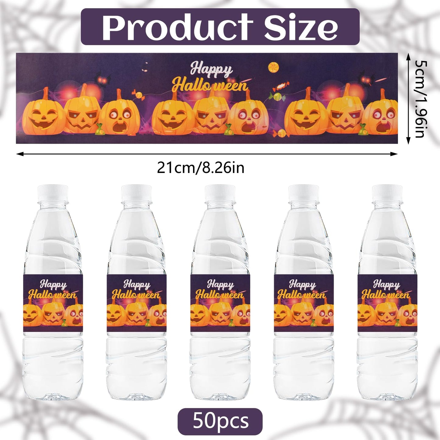 Happy Halloween Water Bottle Labels, 50Pcs Pumpkin Halloween Wraps Sticker Halloween Labels for Party Halloween Drinking Water Bottle Label Purple
