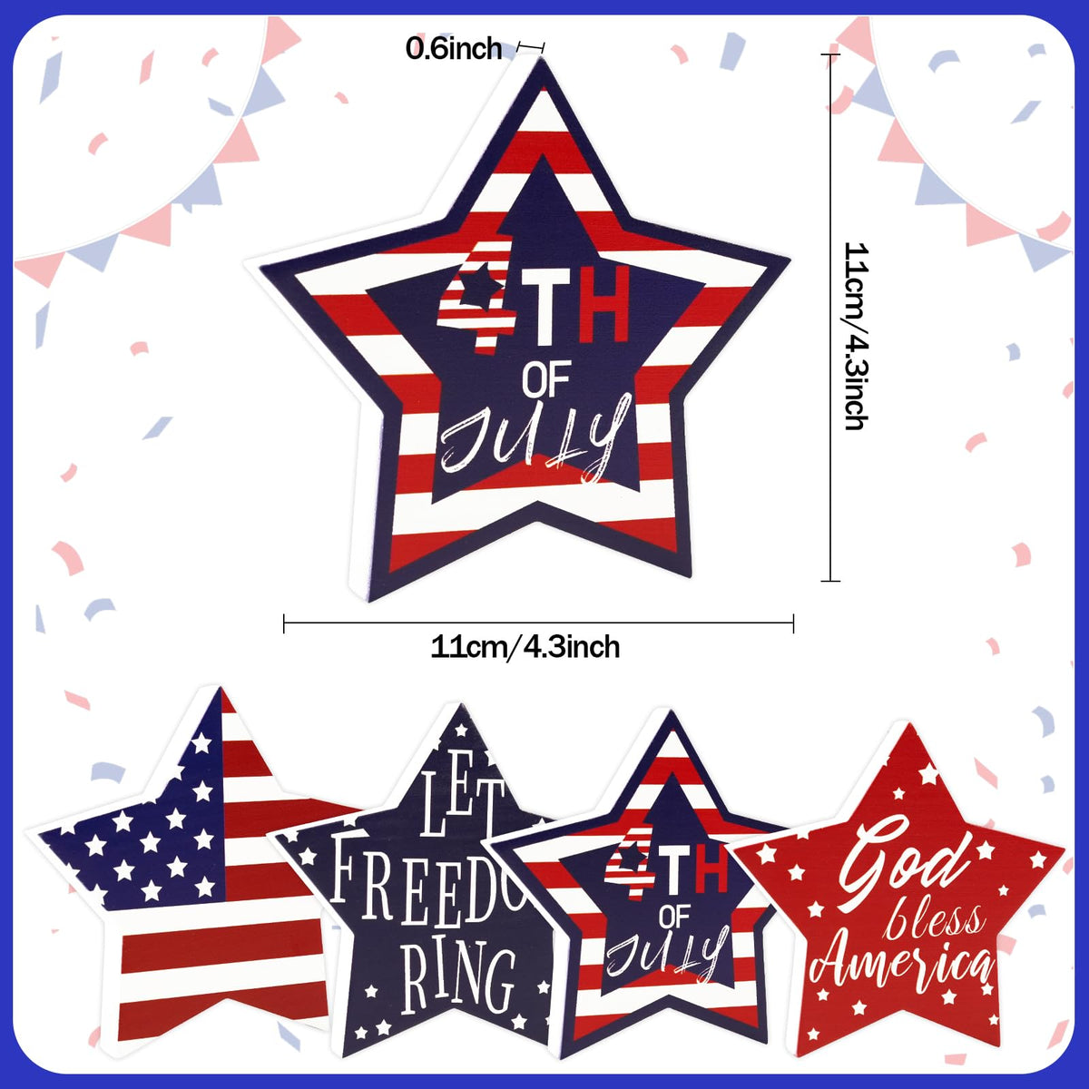 4th of July Decorations, 4 Pcs Wooden Star Signs Patriotic Wood Star Standing Blocks Red White and Blue Tiered Tray Decor for Home Office Independence Day 250th Anniversary Tabletop Decor