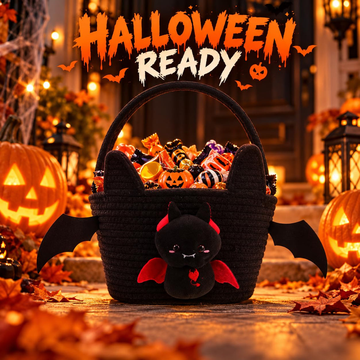 Operitacx Halloween Bat Candy Basket, Trick or Treat Bucket with Handle