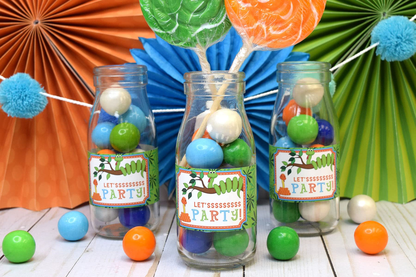 Snake Themed Birthday Party Waterproof Water Bottle Sticker Wrappers, 20 1.75" x 8.5" Wrap Around Labels by AmandaCreation