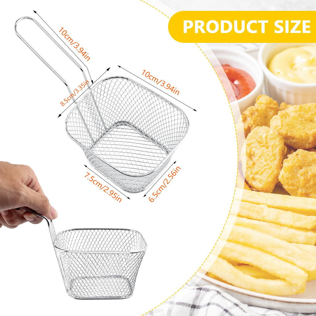 12 Pcs Mini Square Fry Basket Bulk Stainless Steel French Fry Holder Food Baskets for Serving Fryer Container with Handle Reusable Small Deep Fryer Holder for Home Kitchen Decor (Silver)