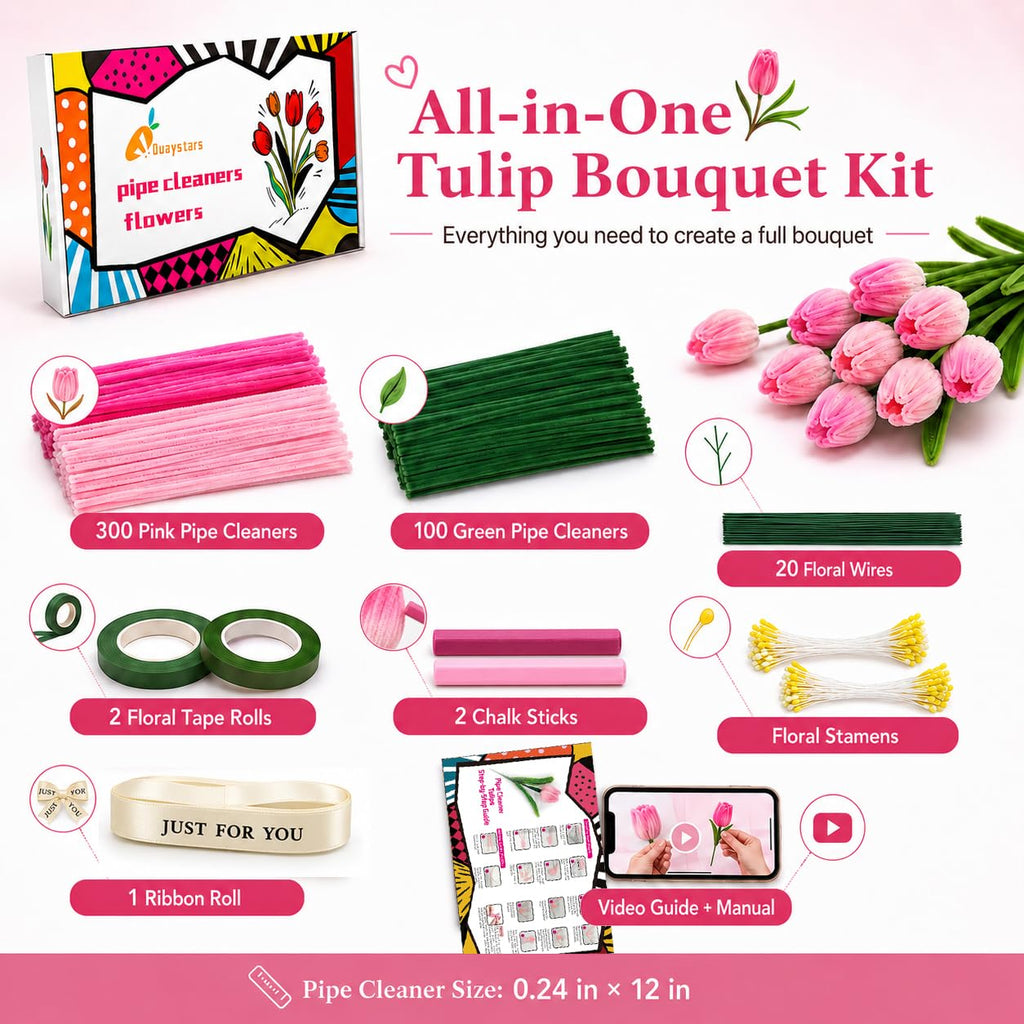 Quaystars 400Pcs Pipe Cleaners Bulk for Crafts - Tulip Flower Making Kit with Chenille Stems, Wire & Tape - DIY Arts and Crafts Supplies for Adults, Gift (Green, Pink)