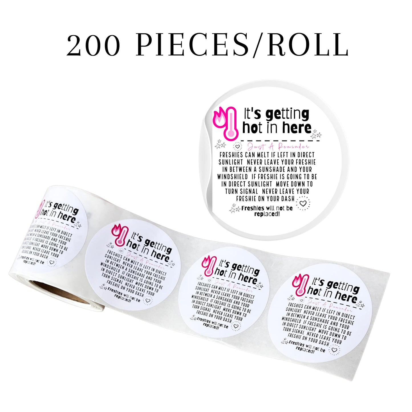 Freshie Care Instruction Card Sticker It’s Getting Hot in Here Round | 200 pc roll | Thermometer Minimalist Warning Labels Customer Package 2.5” Circle