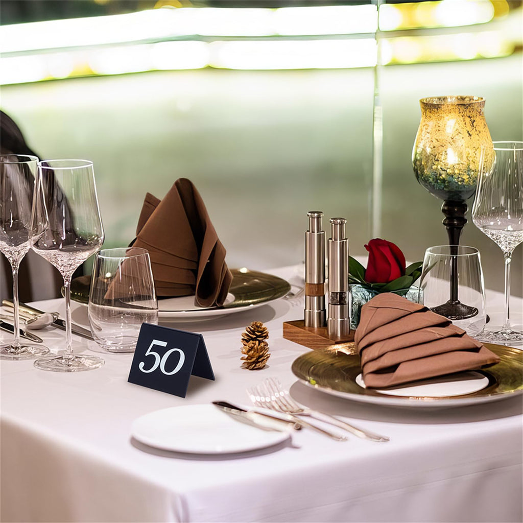 OLYCRAFT 50pcs Tent Style Acrylic Table Numbers Signs 1-50 Double Sided Black Table Numbers Signs Acrylic Tent Table Numbers Stands Signs 2.1x2.5x1.9 Inch for Wedding Party Banquets Receptions