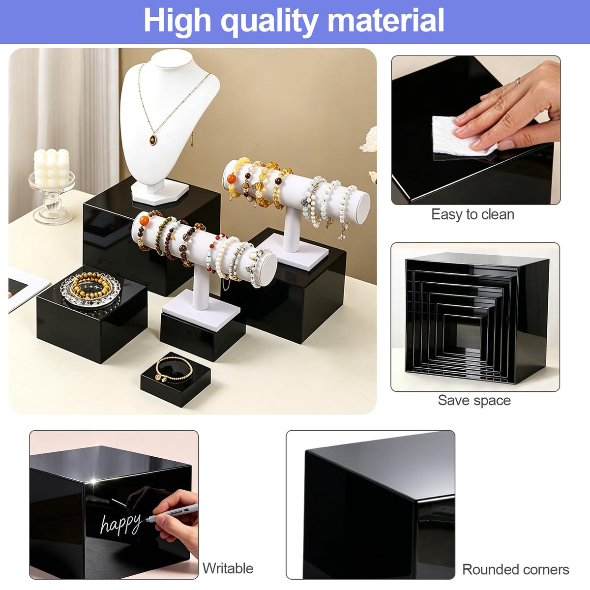 Saim Acrylic Buffet Risers Display Stands 3" To 8" Square, 6pcs Black