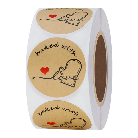 Hybsk Rustic Baked with Love Stickers with Wreath Around 1.5" Inch Round Total 500 Adhesive Labels Per Roll(Kraft) Kraft Paper