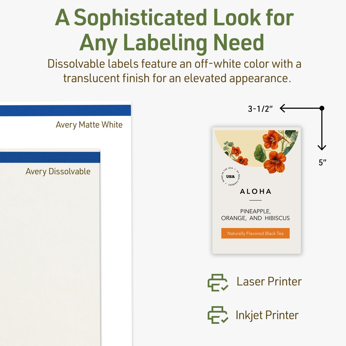 Avery Dissolvable Rectangle Labels, Sure Feed Technology, 5" x 3.5", Matte White, Laser/Inkjet Printable, 100 Labels Total, Freezer-Safe, Microwave-Safe, Refrigerator-Safe
