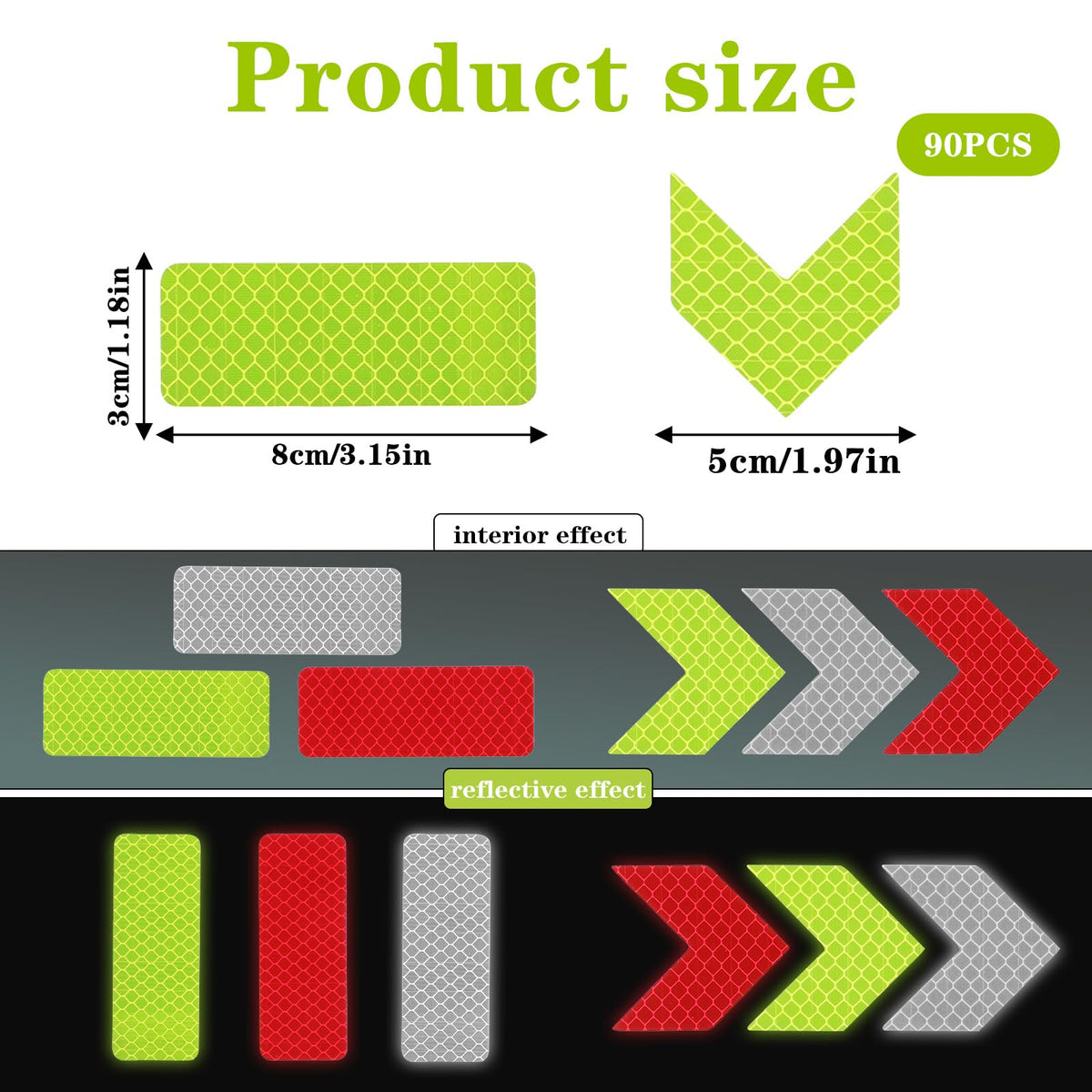 Reflective Tape, 90Pcs Safety Warning Reflective Stickers Waterproof Self-Adhesive Safety Stickers Stick-on Car Reflector Tape for Vehicle Car Helmet Motorcycles (Rectangle and Arrow)