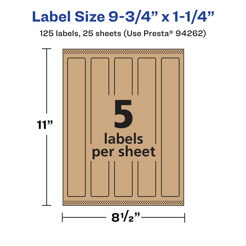 Avery® Kraft Brown Rectangle Labels, Sure Feed® Technology, 9.75" x 1.25", 125 Kraft Brown Labels, Print-to-The-Edge, Laser/Inkjet Printable 125 labels