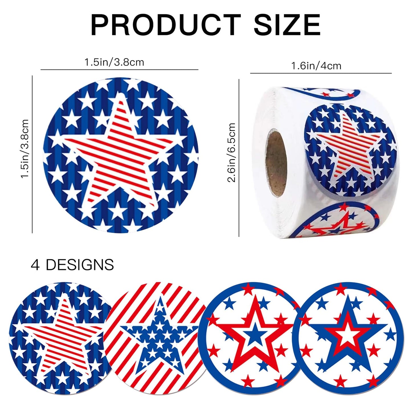 500 Pcs American Round Stars Flag Stickers Roll 1.5 Inch US 4th of July Patriotic Stickers 4 Designs Small USA Stars Red White Blue Decals Adhesive Label Decorative for Kids Face Car Party Supplies