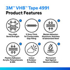 3M VHB Tape 4991, 2" Diameter in Circles, 5/Pack, Gray, Double-Sided, Permanent, High Strength, Long-Term Durability 2.0 Inches