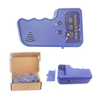 Riversmerge handheld RFID copier and ID card duplicator with T5577, EM4305, keychains, sticker coins, and card reader device.