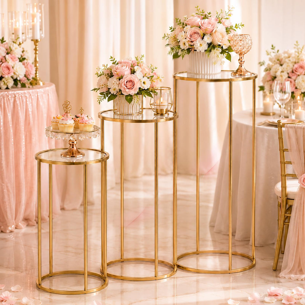 3Pcs Cylinder Stands for Party With 50 Balloons, Gold Cylinder Pedestal Stand, Cilindros para Fiestas Cake pedestal Stand Metal Round Display Plant Stand Tables for Weddings Birthday Decorations