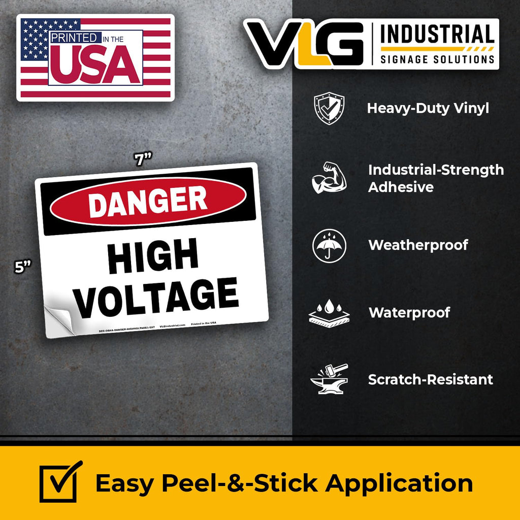DANGER High Voltage OSHA Style Safety Labels 5-Pack, 5" x 7" Industrial Electrical Hazard Warning Signs, Waterproof UV Laminated Vinyl Decals, Permanent Adhesive Safety Stickers for Panels, Equipment & Switchgear